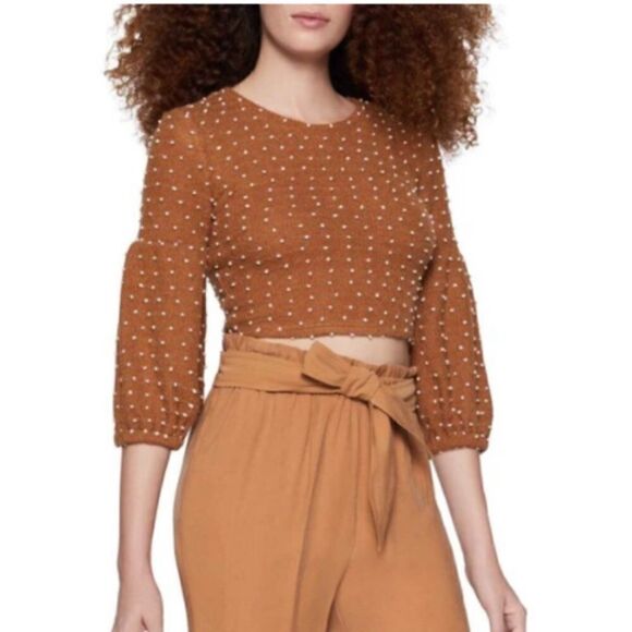 BCBGeneration Crop Puffed Sleeve Sweater, Camel color with White Dots sz Medium - Picture 1 of 11